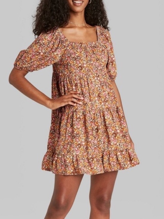 wild fable Dresses & Skirts - Wild Fable Brown Floral Puff-Sleeve Smocked Dress Size Medium